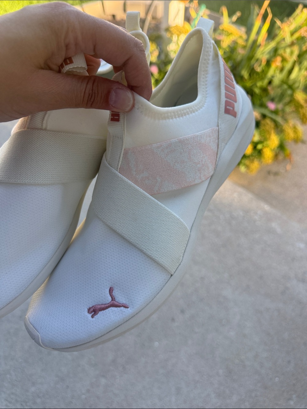 Puma Women’s White Slip-On Sneakers with Light Pink Accents